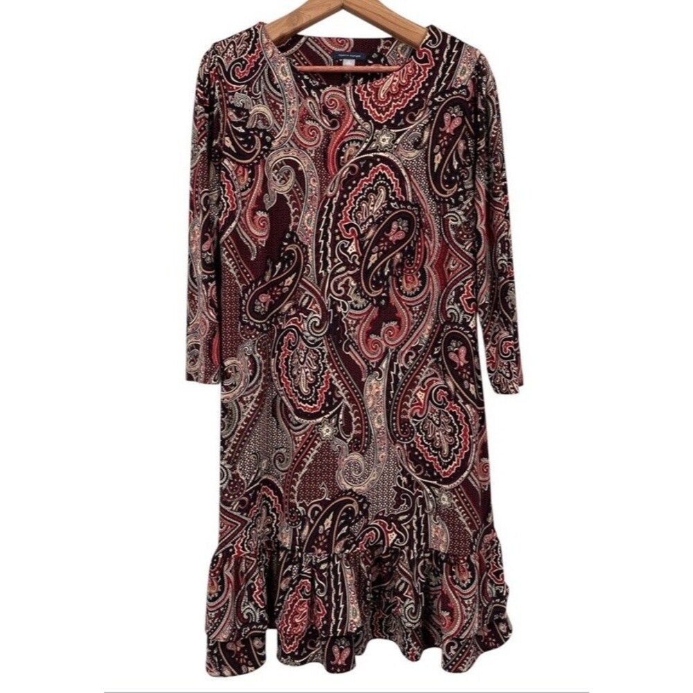 Tommy Hilfiger Dress 14 Jersey Knit Red Black Paisley Drop Waist Ruffle - Picture 2 of 9